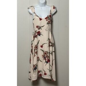 Lulus Floral Midi Dress Cream Red Ruffle Sleeve Smocked V-Neck Viscose Size XS